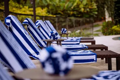 a row of blue chairs with blue and white tables at EVORA Resort and SPA in Ambalavayal
