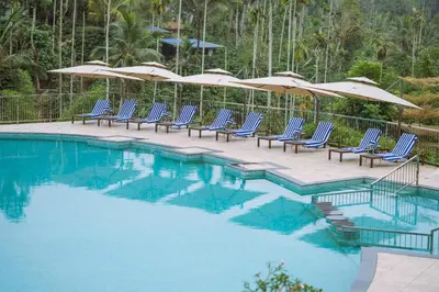 a swimming pool with blue chairs and umbrellas at EVORA Resort and SPA in Ambalavayal