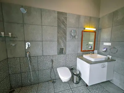 a bathroom with a shower and a toilet and a sink at Ibex Resorts, Coonoor - Tapas in Yedapalli