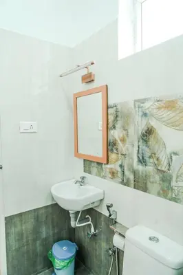 a bathroom with a sink and a mirror and a toilet at Le Karaj Meadows in Lovedale