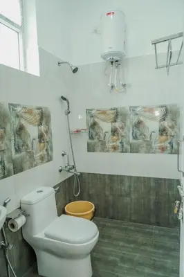 a bathroom with a white toilet and a shower at Le Karaj Meadows in Lovedale