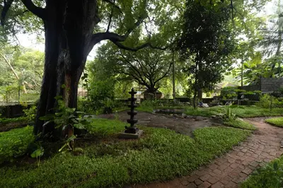 a pole in the grass next to a tree at The Oneness Living- Seasonal Heritage stay with Tholpaavakoothu nights in Pazhayannūr