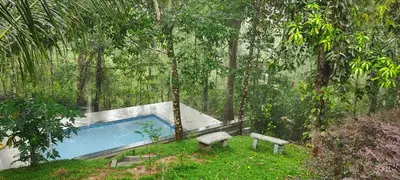 a swimming pool in the middle of a forest at IRU Homes - Private Family Stay with Pool in Ambalavayal
