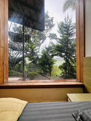 a bedroom with a window with a view of a tree at Greenery Holiday Homes in Meppādi