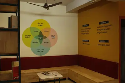 a room with a wall with different colored circles at Tokyo Dorms in Kozhikode