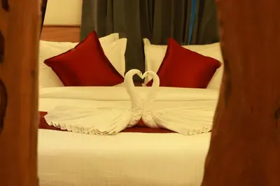 two swans making a heart on a bed at Swiss Holidays in Pinangode