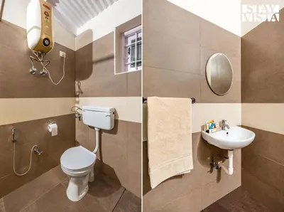 two pictures of a bathroom with a toilet and a sink at StayVista at Sande's Farview with Bonfire in Coonoor
