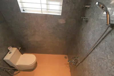 a bathroom with a toilet and a shower at Hotel Shellmark in Elivāla