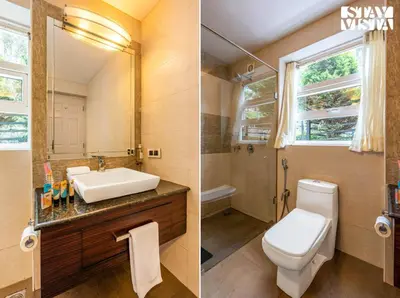 two pictures of a bathroom with a toilet and a sink at StayVista at Farview Presidential Suite with Lawn, Bonfire & Bathtub in Kotagiri