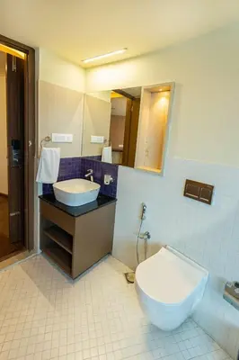 a bathroom with a sink and a toilet and a mirror at Ascot Hotel Calicut in Calicut