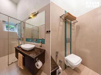 two pictures of a bathroom with a toilet and a sink at StayVista at Farview Suite Serenity with Lawn in Kotagiri