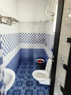 a blue and white bathroom with a toilet and a sink at White house in Ooty