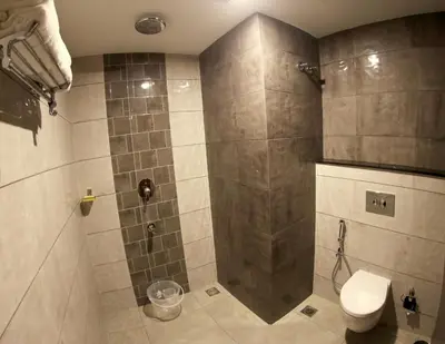 a bathroom with a shower and a toilet at Bhasuri Inn Guruvayoor in Guruvāyūr