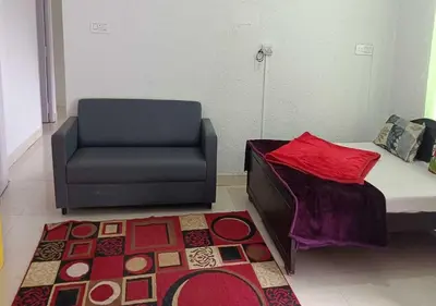 a living room with a couch and a rug at JJ Homes in Ooty