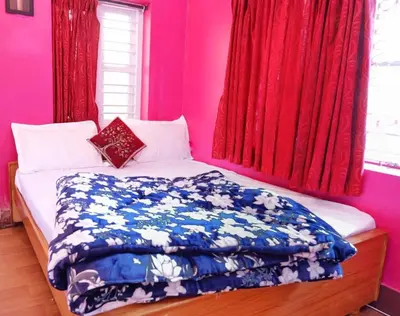a bed in a room with pink and red curtains at Winterfell Park in Ooty