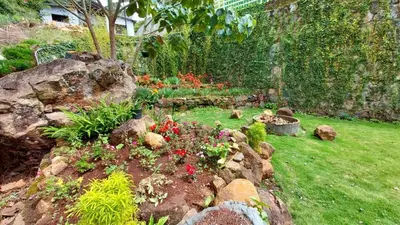 a garden with rocks and flowers in a yard at Mayfield Valley Homestay in Kotagiri