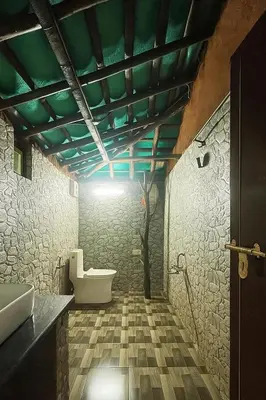 a bathroom with a toilet and a green ceiling at Mannora Resorts Marayoor in Marayoor