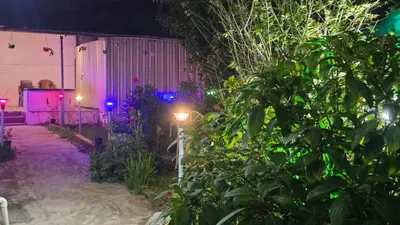 a garden at night with purple and green lights at Nature View Private Villa in Ooty