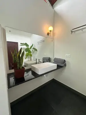 a bathroom with a sink and a mirror at Sky Holiday Homestay Cottages Madikeri Kushalnagar Coorg in Kushālnagar