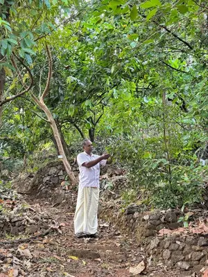 a man standing on a path in a forest at Maanasam Farmstay - Boutique 3BR Countryside Villa, Manikkadavu in Irrity