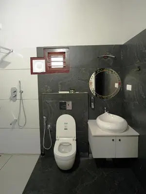 a bathroom with a toilet and a sink and a mirror at wayanadjunglevillas in Kenichira