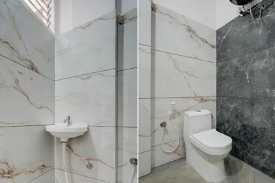 two pictures of a bathroom with a toilet and a sink at Hotel O Ambari Residency in Mysore