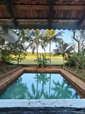 a swimming pool with palm trees in the background at Chunangad in Ottappālam