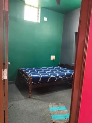 a bedroom with a bed in a green room at love moon home stay in Mysore