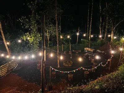 a string of lights in a park at night at Bambus Alley in Wayanad