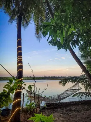 a hammock on a beach between two palm trees at Green Island homestay in Kadalundi