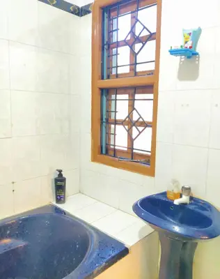 a bathroom with a blue tub and a window at Spacious #3BHK Home Stay in Central Mysore in Mysore