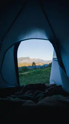 a view from inside of a tent looking at a field at EKa Forest in Vattavada