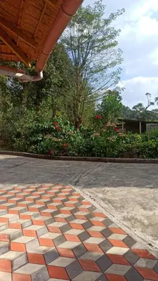 a patio with a checkered floor in a yard at Bakka house of joy in Napoklu