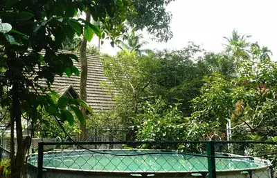a tennis court in a garden with trees at Villa La Vista Homestay in Calicut