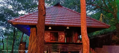 a tree house in the middle of two trees at Naturia in Ambalavayal