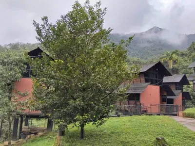 a tree in front of a house with a mountain at Moonrise Valley Freshwave Resorts Pvt Ltd in Koroth