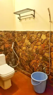 a bathroom with a toilet and a shower at Rangers Nest Bandipur in Gundlupet