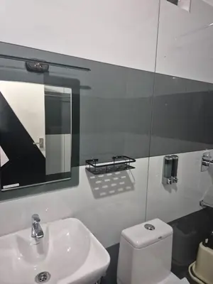 a bathroom with a sink and a toilet and a mirror at Cabana banasura Wayanad 2bhk in Padinjarathara