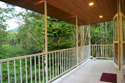 an empty porch with a view of the forest at Brindavan Lake Resort in Munnar