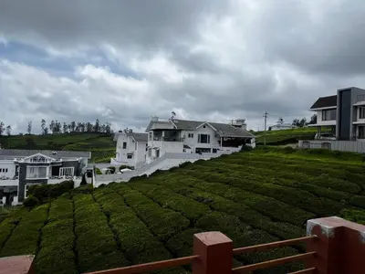 a row of white houses on a hill with green plantations at Hideaway Home43 in Ooty