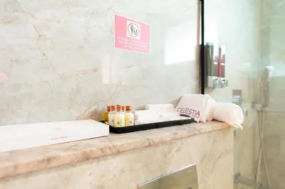 a bathroom counter with a sink and a mirror at celestia by thoppil in Kottakkal