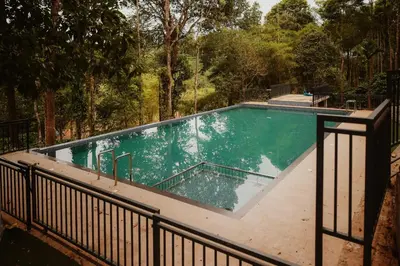 an empty swimming pool on a balcony with trees at Greenex farm Resort in Vythiri