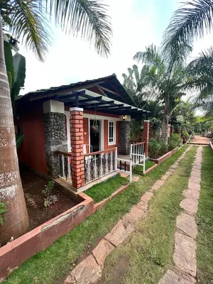a small house with a porch and palm trees at Plumeria Resort Coorg in Kushālnagar