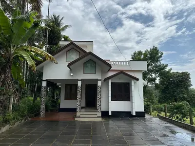 a white house with a palm tree in front of it at Vathika Villa in Sultan Bathery