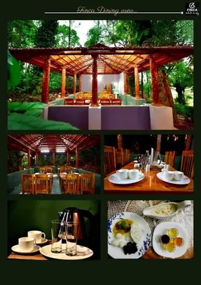 a collage of photos of a restaurant with food on a table at Finca Backwater Homestay in Suntikoppa