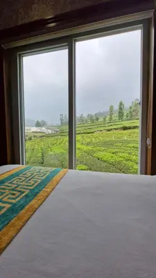 a bedroom with a large window with a view of a field at Meadows mist ooty in Ooty