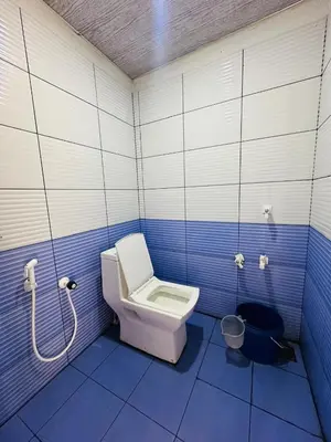 a bathroom with a toilet in a blue and white room at Nefs Dreams Villa in Vaduvanchal
