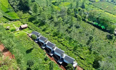 an overhead view of a train traveling through a forest at Feliz by slowlane stays in Kotagiri