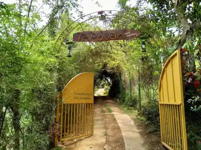 an archway with a yellow gate in a forest at Tapovan Fruitopia in Sultan Bathery