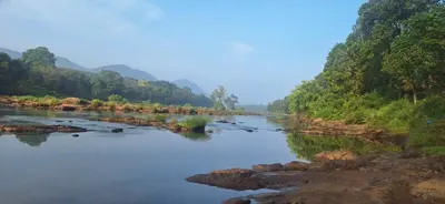 a river with trees on the sides of it at Jackroot Heritage wood villa Athirappilly in Kallana